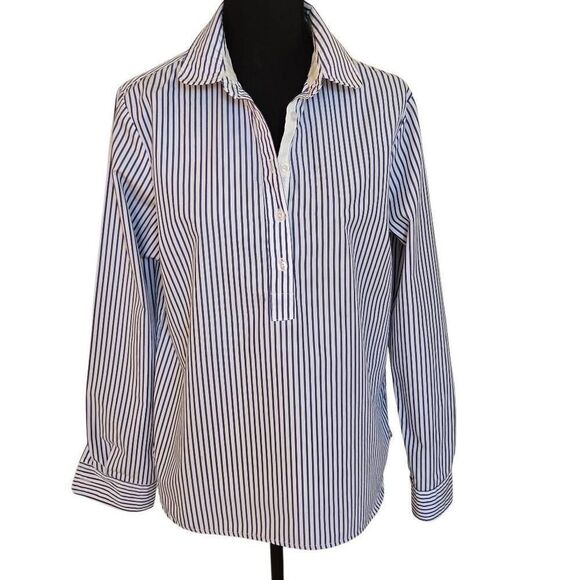 Cortland Park Womens Striped 1/4 Button Long Sleeve Shirt Blue White Size Medium - Picture 1 of 11